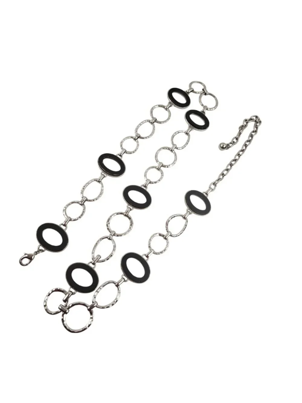 Silver Tone Waist Belt Womens Chain Black Oval Links Adjustable Modern Chic - Picture 2 of 8